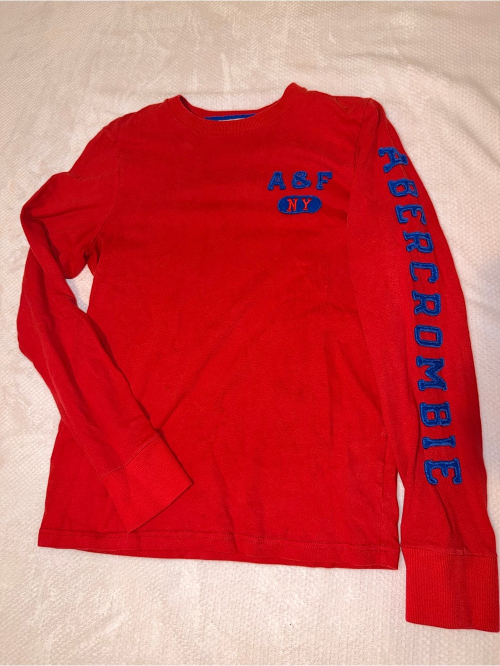 Abercrombie & Fitch Red Long-Sleeve Tee with Blue Logo Sleeve